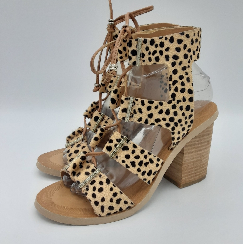 Dolce Vita Lyndon Animal Print Suede Lace Up Block Heel Sandal.